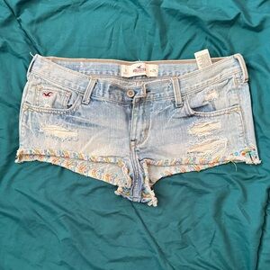 Hollister Women's Light Blue Jean Shorts with Rainbow Fringe